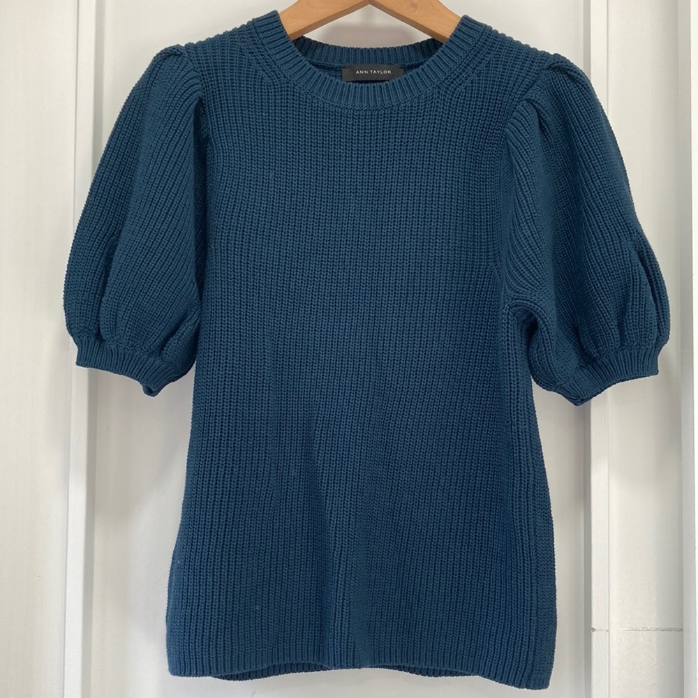Ann Taylor Dark Teal Blue Puff Sleeve Sweater Size Medium